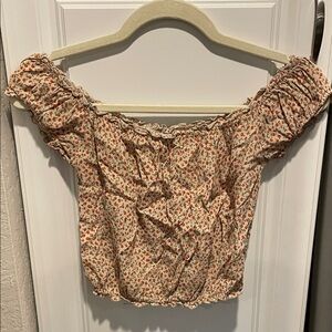 Brandy Melville Cream Off-Shoulder Crop Top with Rust Floral Print